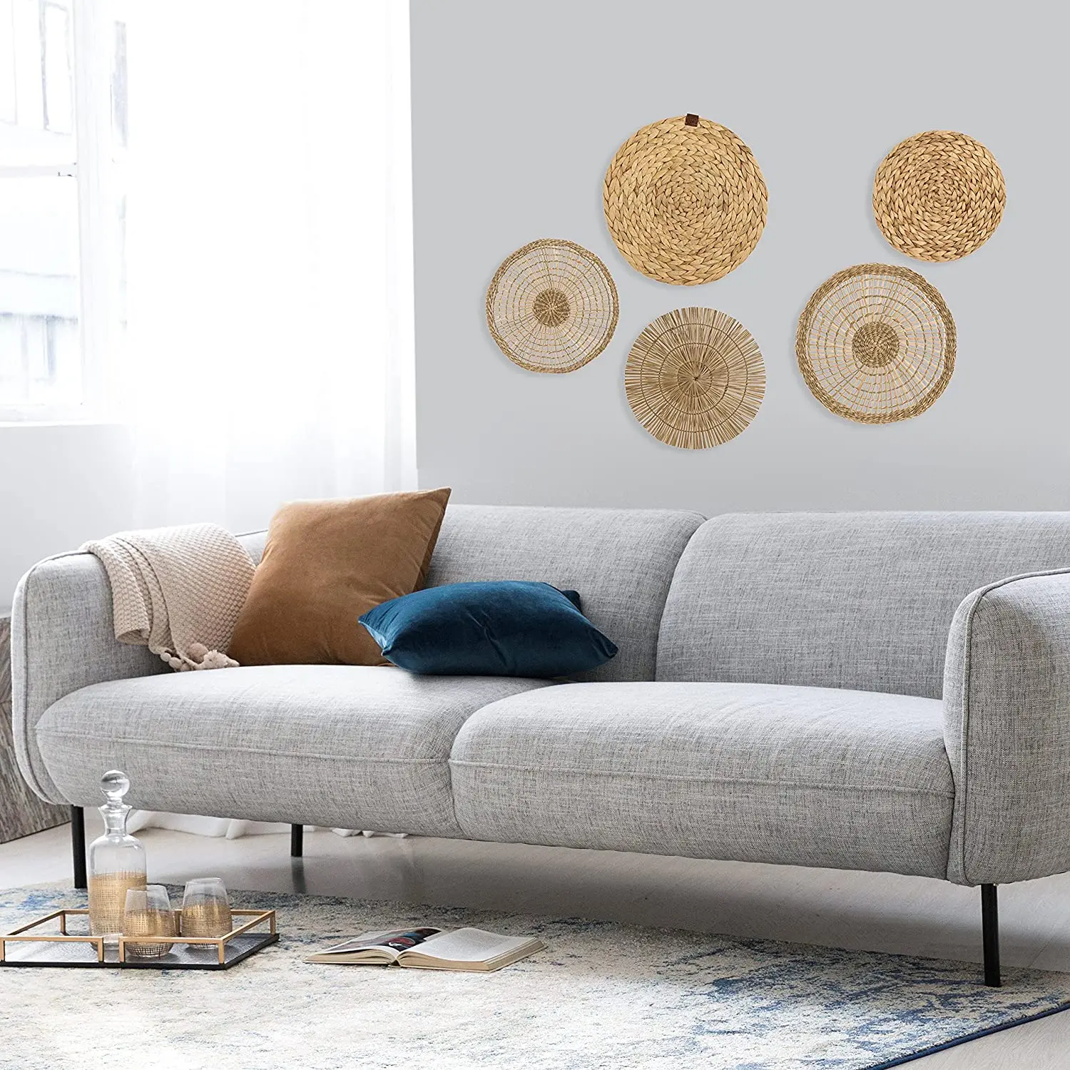 High-quality Naturral Rattan Set off 5 Weaving Plate Basket Wall Hanging Decor for Home.