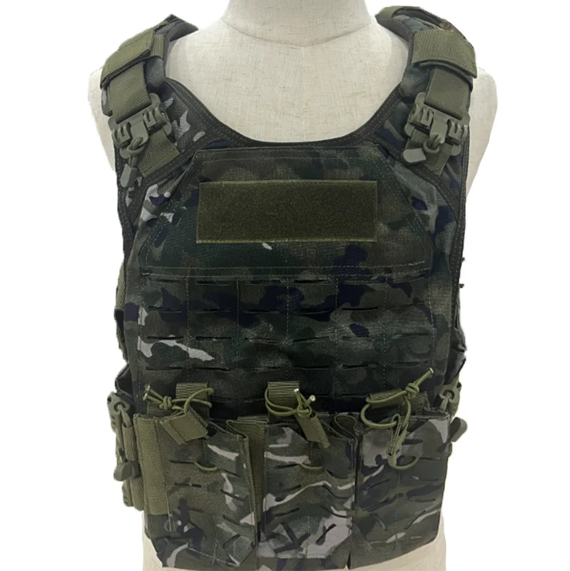 Camouflage laser-cut three mag slot with auxiliary pouch, reinforced PE tactical vest and self-defense featuring MOLLE system