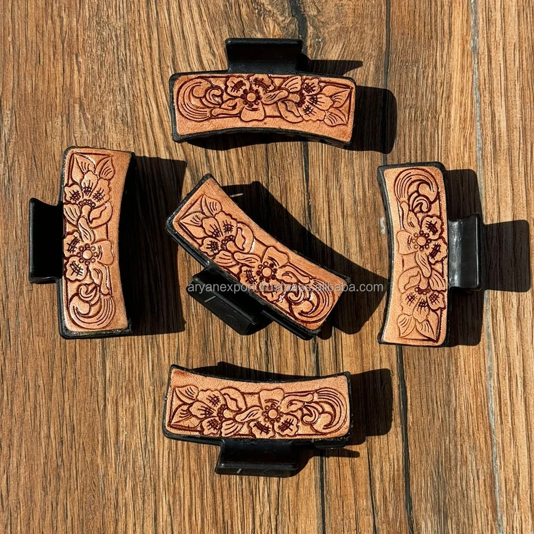 New Arrival Hot Selling Western Stylish Handmade Tooled Engraved Leather Hair Claw Clips Leather Claw Hair Accessories For Women