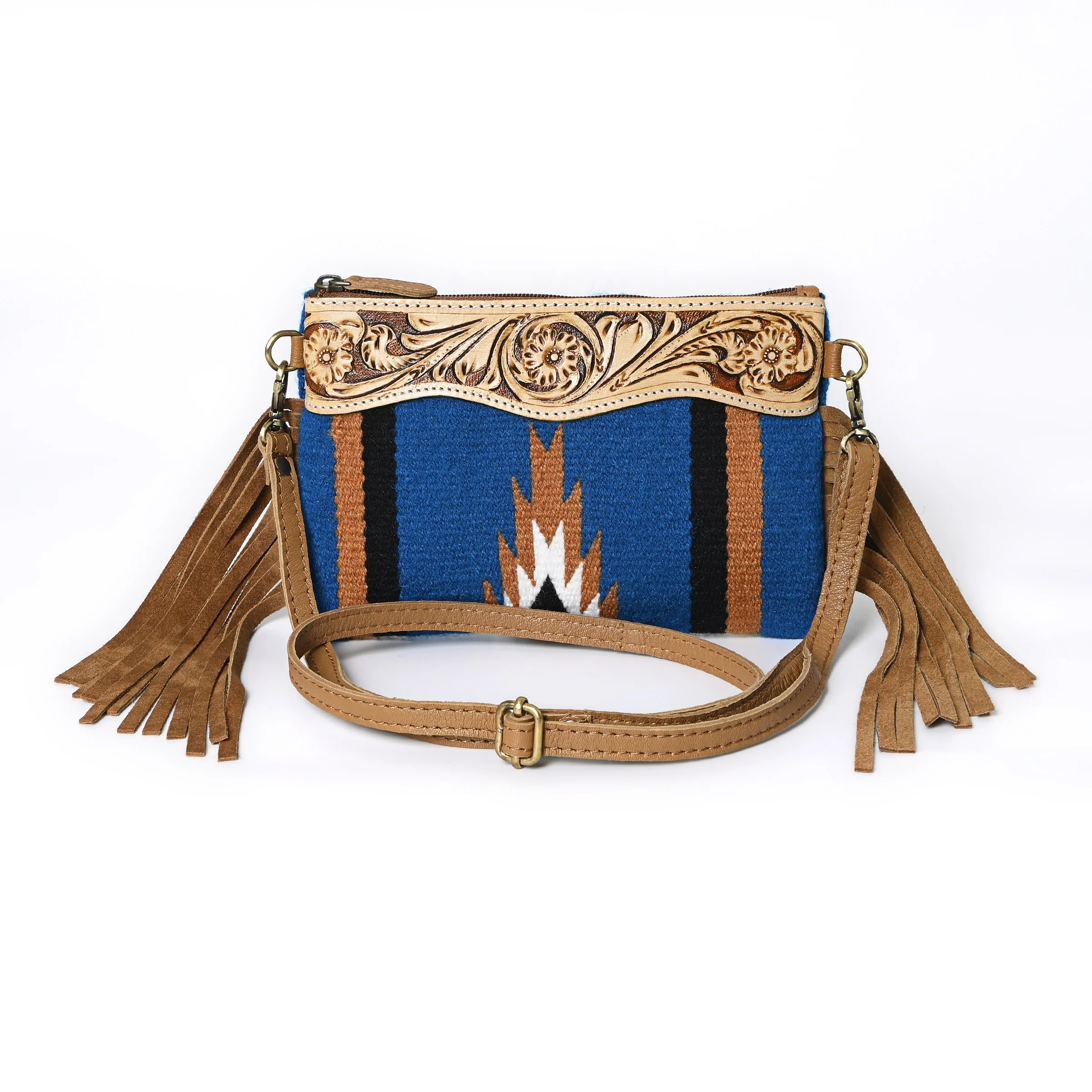 Cow Suede Fringes Pouch Bag Small Crossbody Bag Made of Woolen Saddle Blanket Tooled Cowhide Patch on Top And Matching Handle