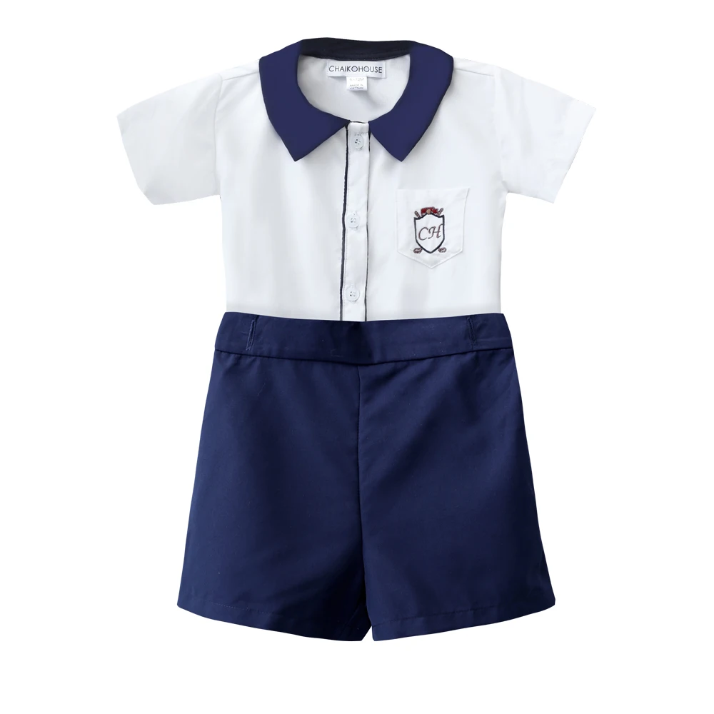 Design 2024 Baby Boy Clothing Set 2 Pieces Outfits White Pocket And Short Sleeves Shirt, Dark Blue Short Pants - Walter Set