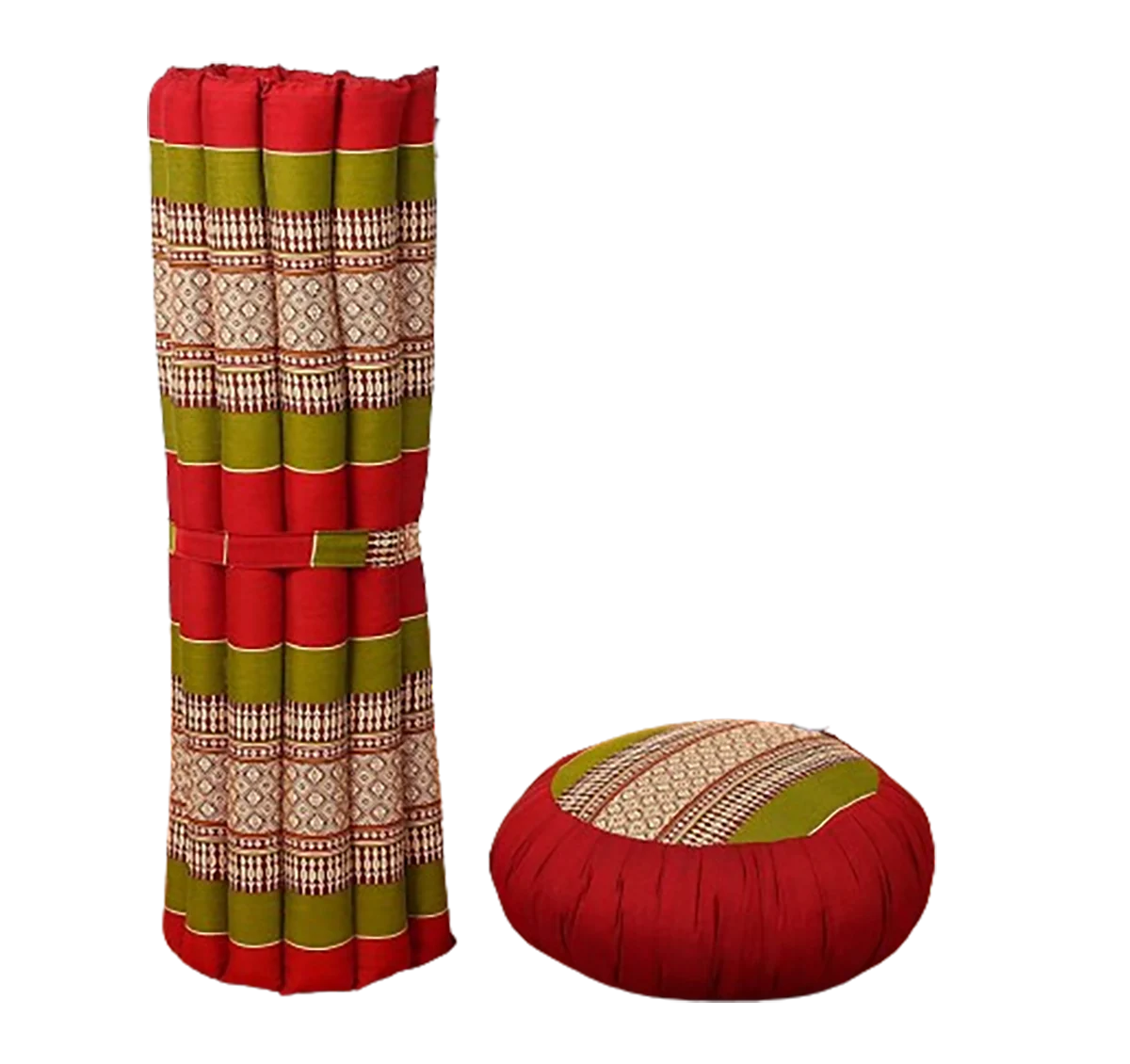 Meditation Cushion Set 1 Round Zafu Meditation Pillow and 1 Square Roll-Up Zabuton Meditation Mat Pillows Bundle in Red Green