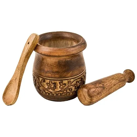 Wooden Carved Mortar and Pestle | Grinder for Herbs, Spices and Kitchen Usage, Natural Wood