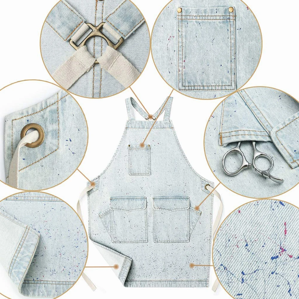 Cotton Thickness Denim Apron For Unisex Stain Proof Household Kitchen Work Gardening Barber Bib Apron