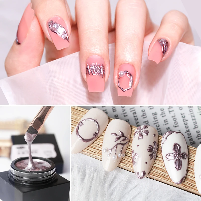 HS Private Label Emboss Sculpture Carving Gel Nail art nail paint paint gel 5g Metal Paint Nail Gel Polish Art Design 3 Colors