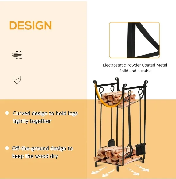 Firewood Log Rack with Tools, Fireplace Wood Storage Holder with Shovel, Broom, Poker, Tongs and Hooks  BY KSN