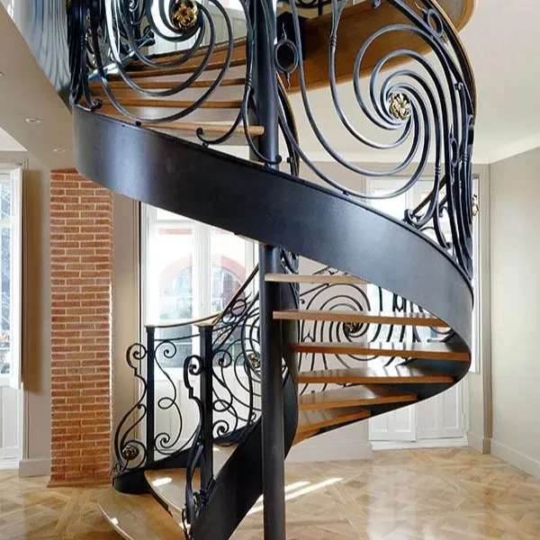 Foshan Durable Stairs Carbon Steel Beam Spiral Staircase with Wrought Iron Guardrails Wooden Tread Customized Interior Stairs
