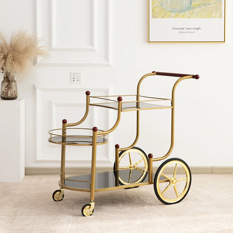 Bar Cart Furniture 2 Tier Gold Metal Kitchen Serving Bar Trolley Cart For Dining Room