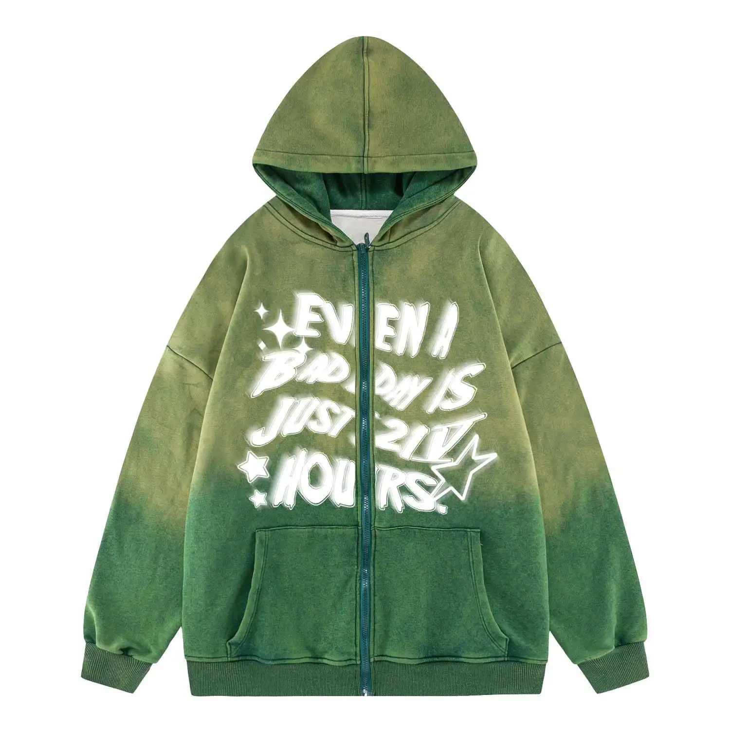 Mens Hoodie Oversized Heavyweight Cotton Sweatshirt With 3D Puff Printing Zip Up Acid Wash Zipper