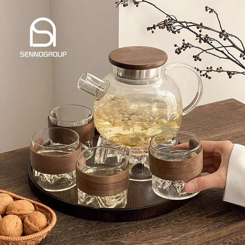 Chinese Style Sunflower Embossed Teapot Tea Cups Burner Sets Wooden Sleeve Cup Fruit Tea Jug With Lid