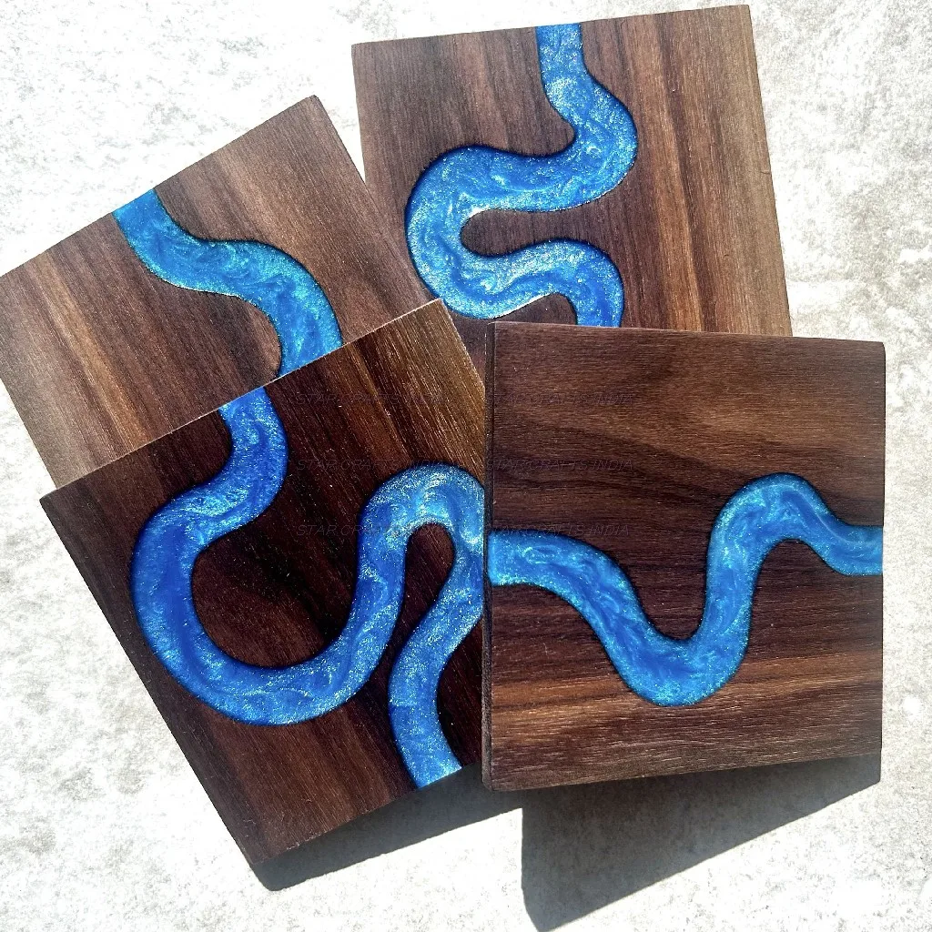 Best Selling Unique Style Wood And Resin Square Shape Brown And Blue Zig Zig Design Tea Coasters Set Home And kitchenware Used