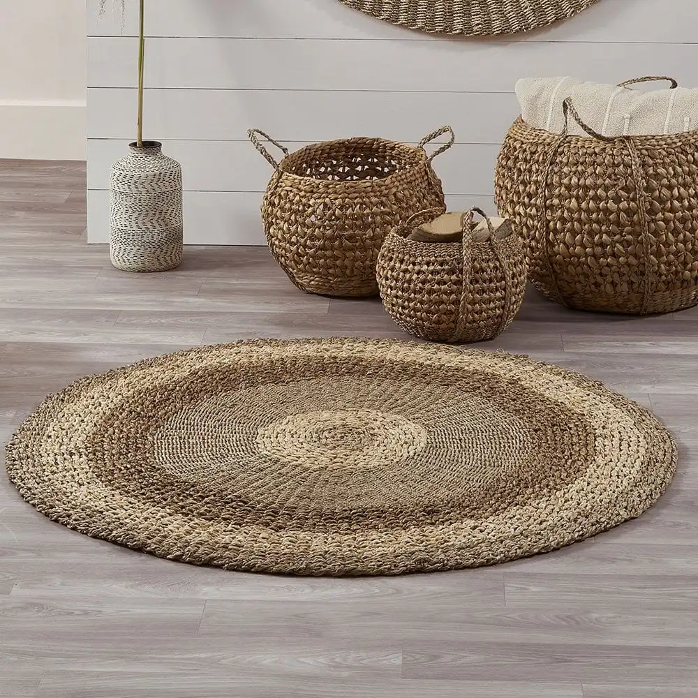 Wholesale Striped Seagrass Round Carpet Area Rug for Living Room Bedroom Bedside Woven Mat Home Decor Carpet Straw Floor Matting