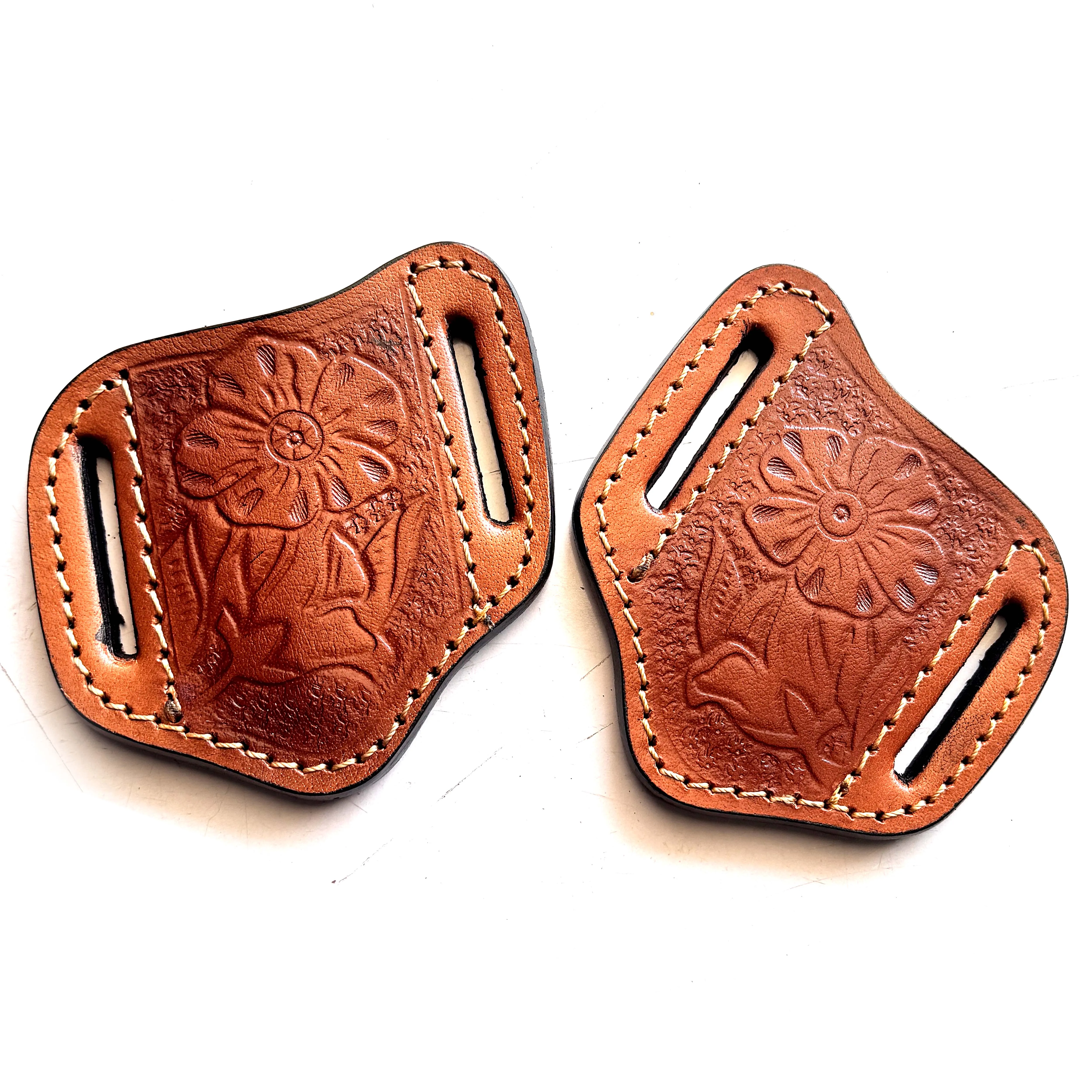 Handmade Wholesale Top Quality Flower Pattern Pancake Style Leather Sheath For 4' Folding And 4' Fixed Blade Knives