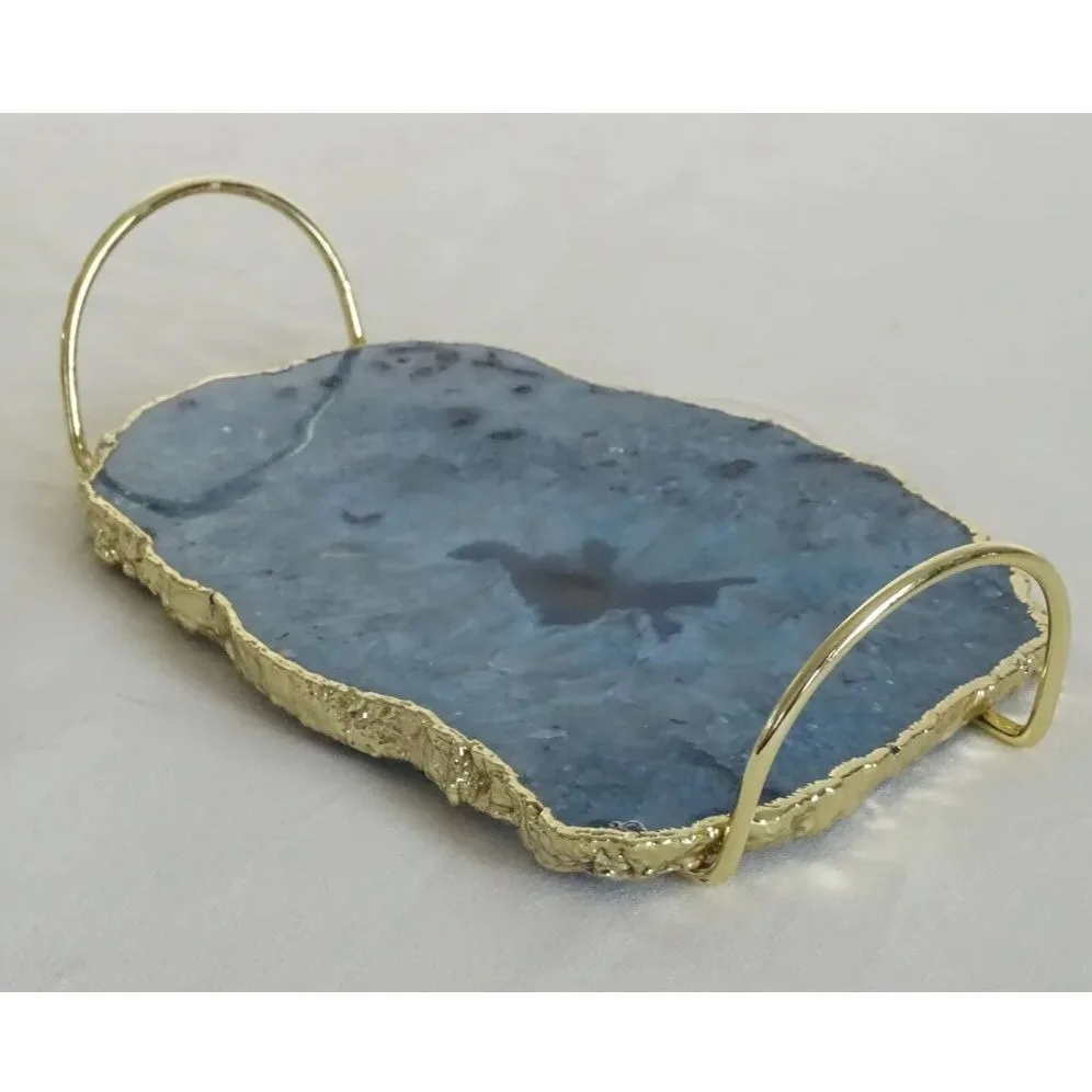 Best Selling Agate Stone Decorative Tray Natural Blue Resin Gold Plating Handle Love Style Economically Priced Blue Moon Exports