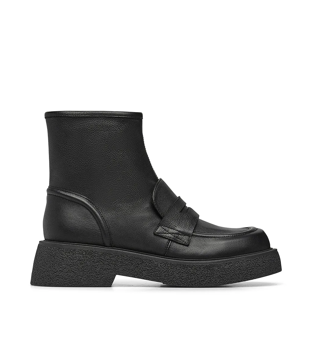 Made in Italy ankle boots feature a toe inspired by classic penny loafers in black grained leather and rubber sole for wholesale