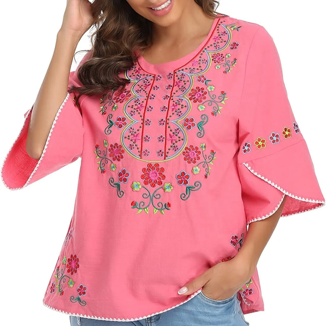 Embroidered Panel Blouse Half sleeve loose Top Shirt summer fashion factory customization tunic top