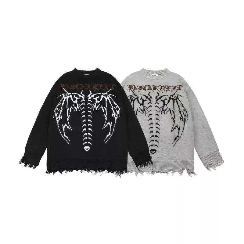 Custom Sweater Harajuku Knitted Top Y2k Streetwear Vintage Skeleton Jacquard Distressed Knit Sweater with Logo Goth Punk Autumn