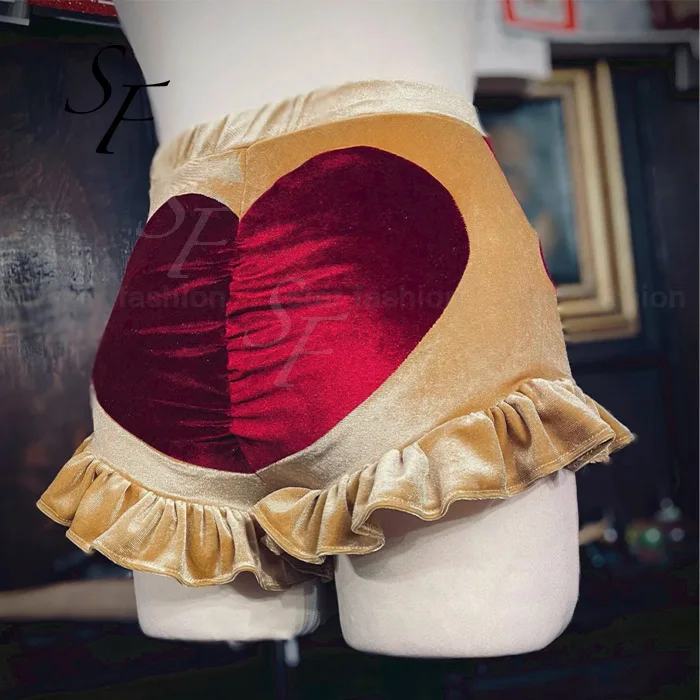 Custom summer sexy club color matching skinny heart bum peach butt velvet knickers ruffles women velour biker shorts