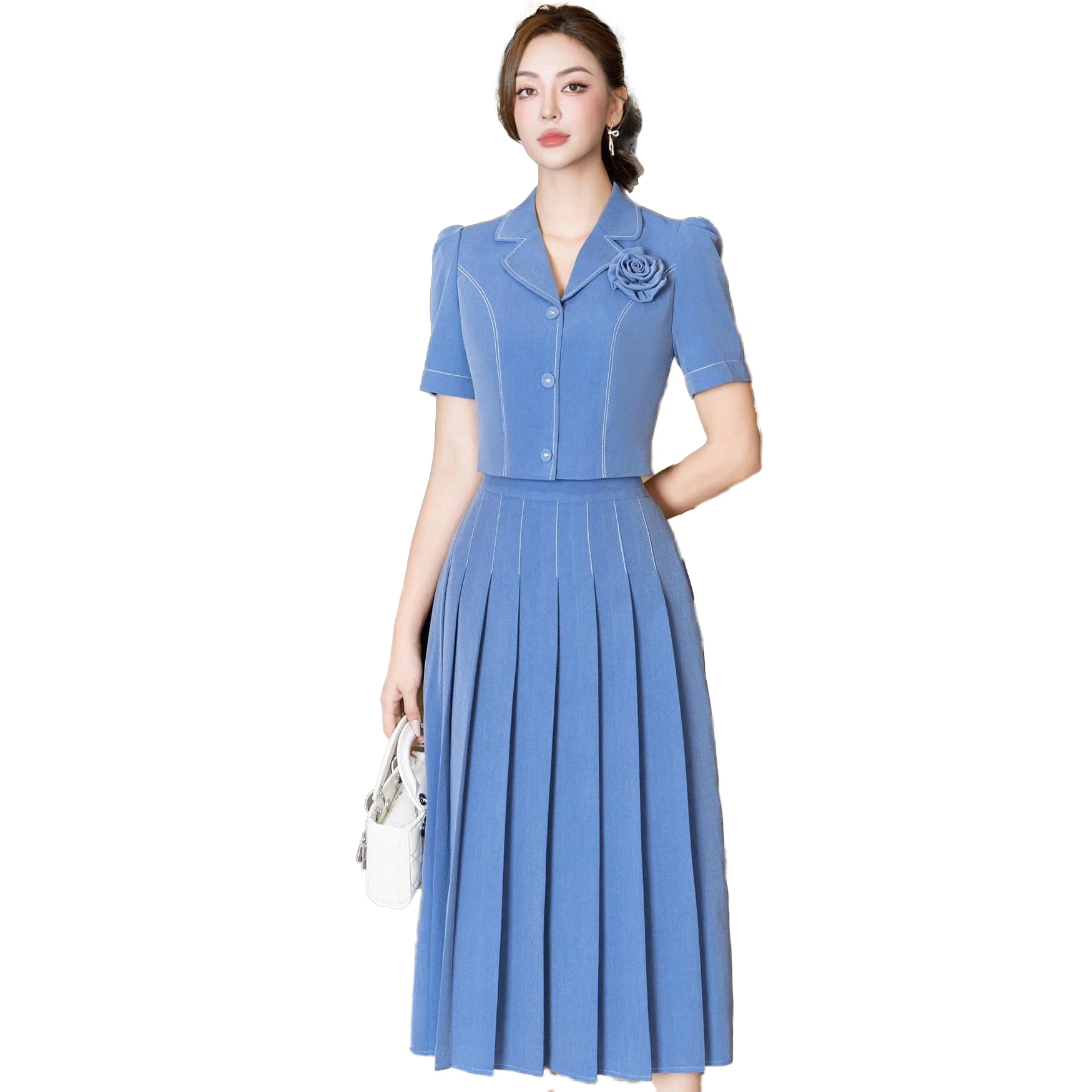 Vietnamese-Made Elegance Retro Floral Denim Midi Skirt for Modern Women - Perfect Addition to Made in Vietnam Dresses