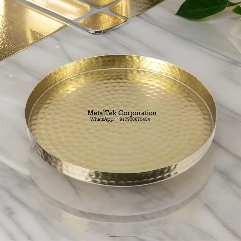 Wholesale luxury textured tray for home hotel restaurants cosmetics toiletries and jewelry hammered design gold plated finishing