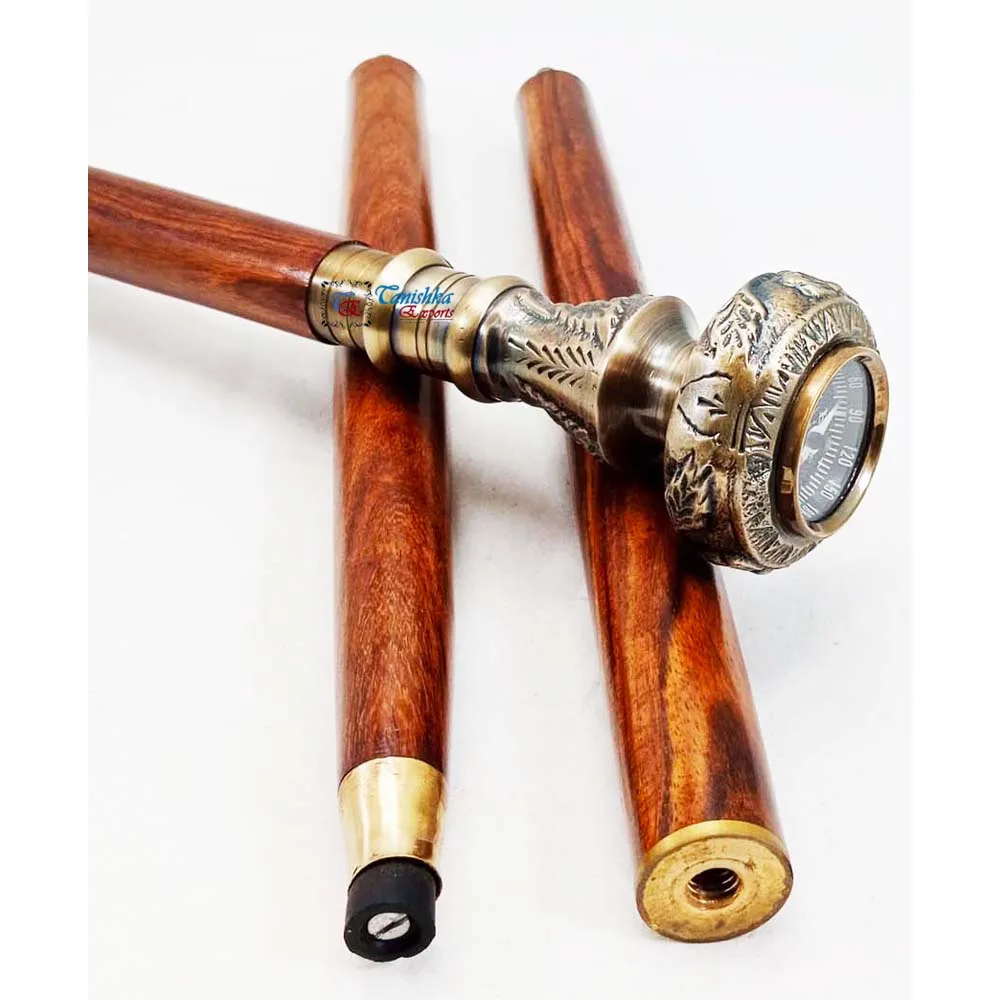 Nautical Walking Stick Solid Brass Knob Compass Head Handle Wooden Walking Cane for Men and Women Decorative Canes