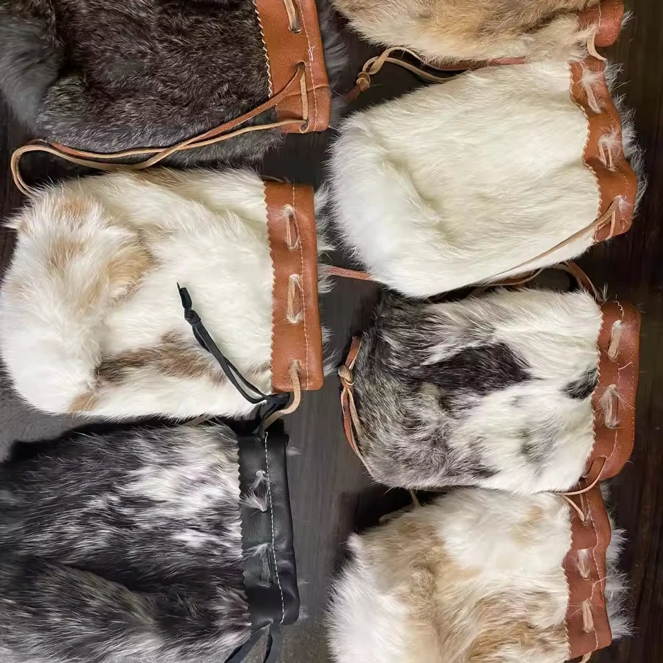 Rabbit Fur Bag with genuine leather strips