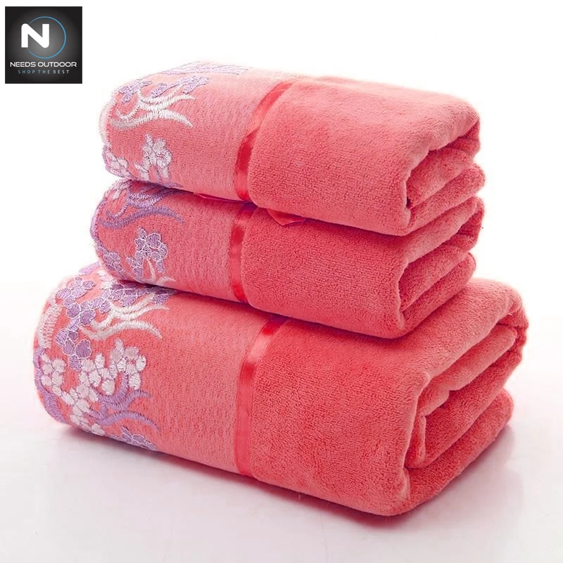 3 Pcs Set Lace Border Embroidery Face Bath Towel Set,Superb Quality Breathable House Hold Towels By NEEDS OUTDOOR