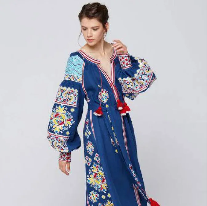 New Arrival Blue Color Dress With Ukrainian Flower Embroidery Long Puff Sleeves For Women Summer Party Favour Gift For Her