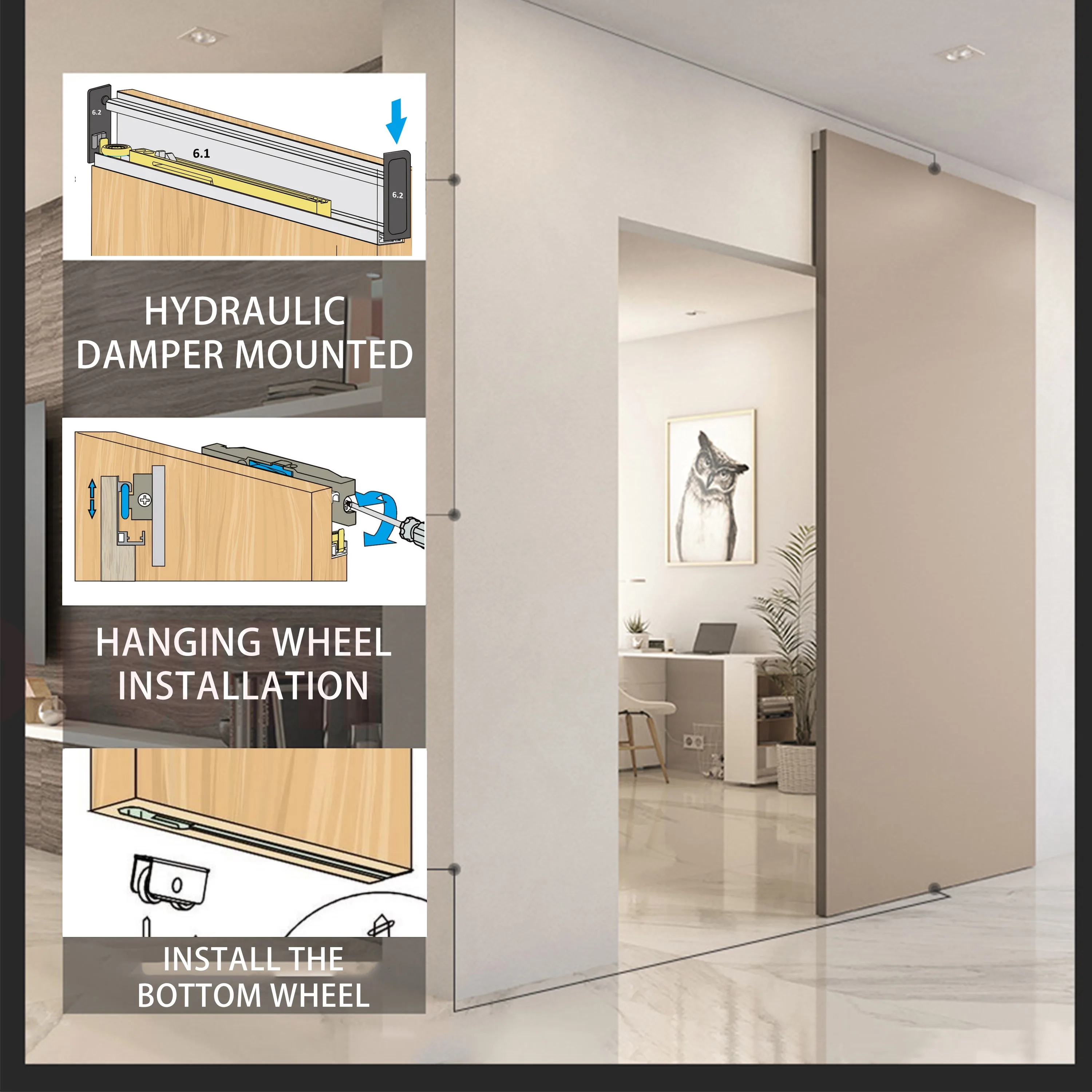 Wall Mounted Concealed Sliding Door System for Wood Doors Italy Design China Factory Sliding Wood Door Hardware with Hydraulic