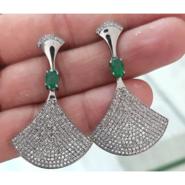 Dangle Earring Pave Diamond Dangle Earring With Natural Emerald Handmade Earring Black Oxidized