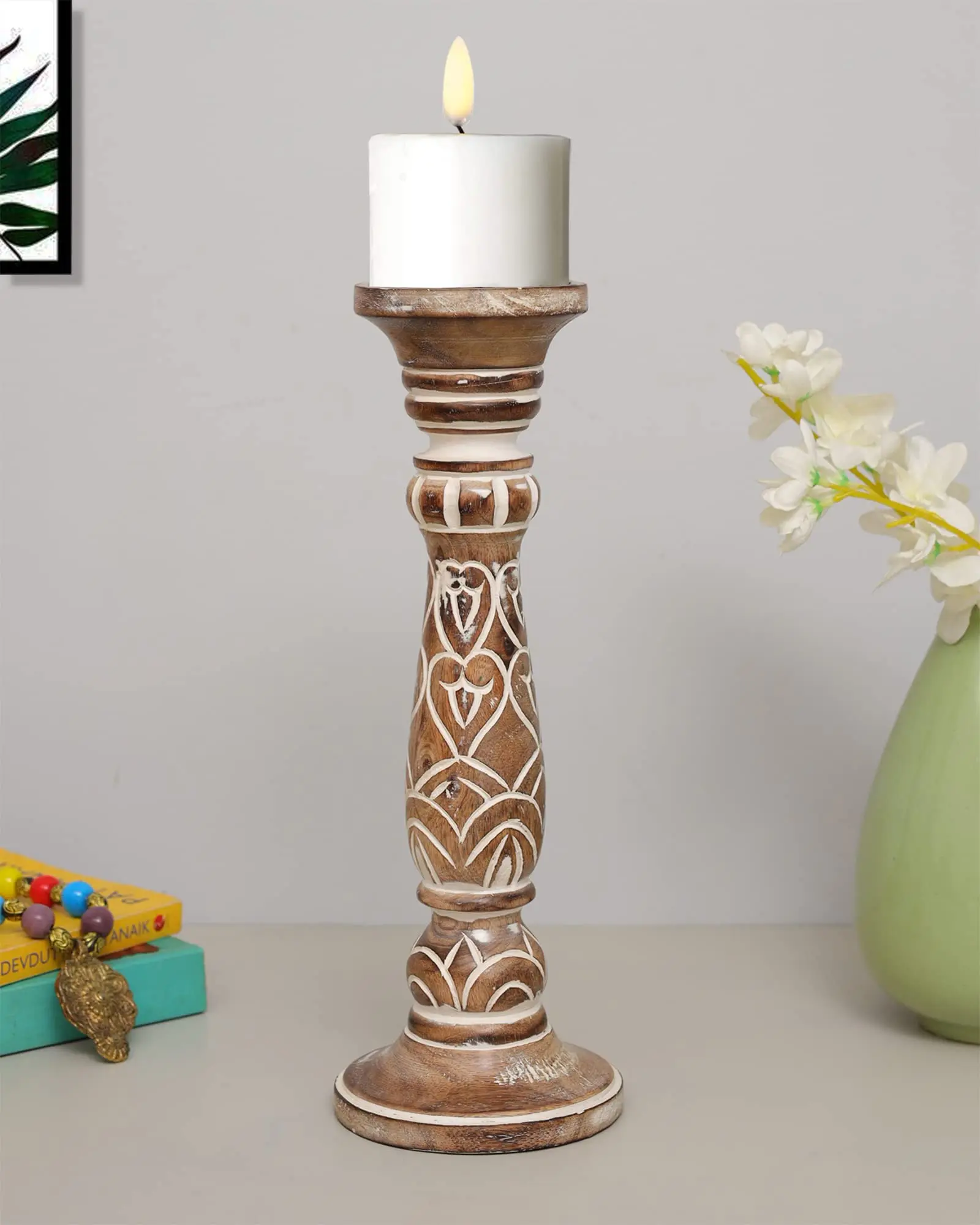 Hand carved wood candle stand pillar and tabletop style for all occasion
