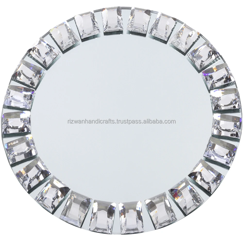 Wholesale Wedding Events Decoration Jeweled Diamond Mirror Glass Charger Plate