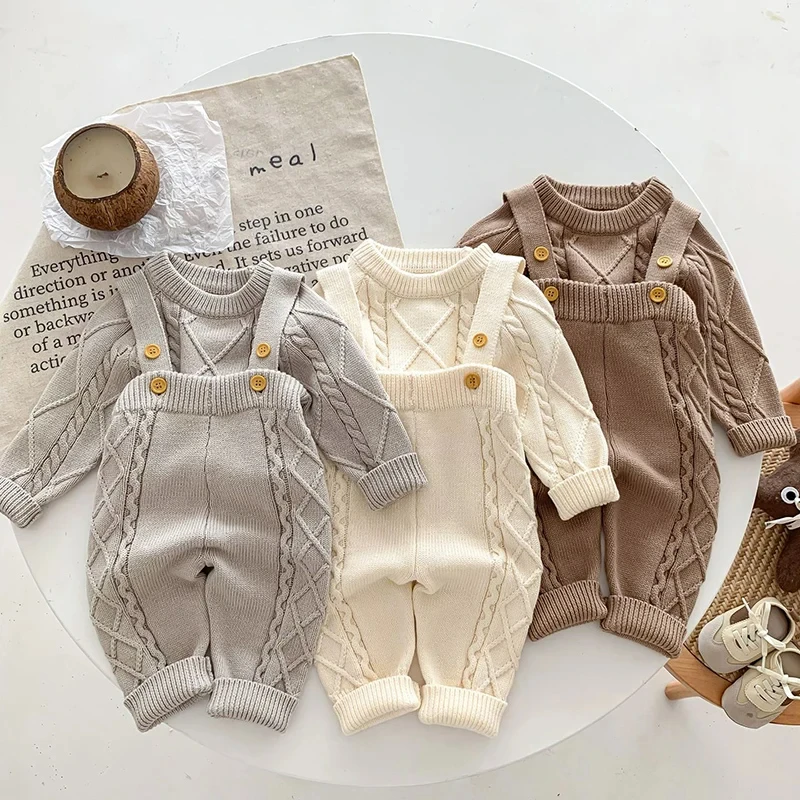 Autumn Boys Baby Girls Clothes 2 Piece Set Cotton Knitted Overalls Pullover Round Neck Toddler Boys Clothing Sweater