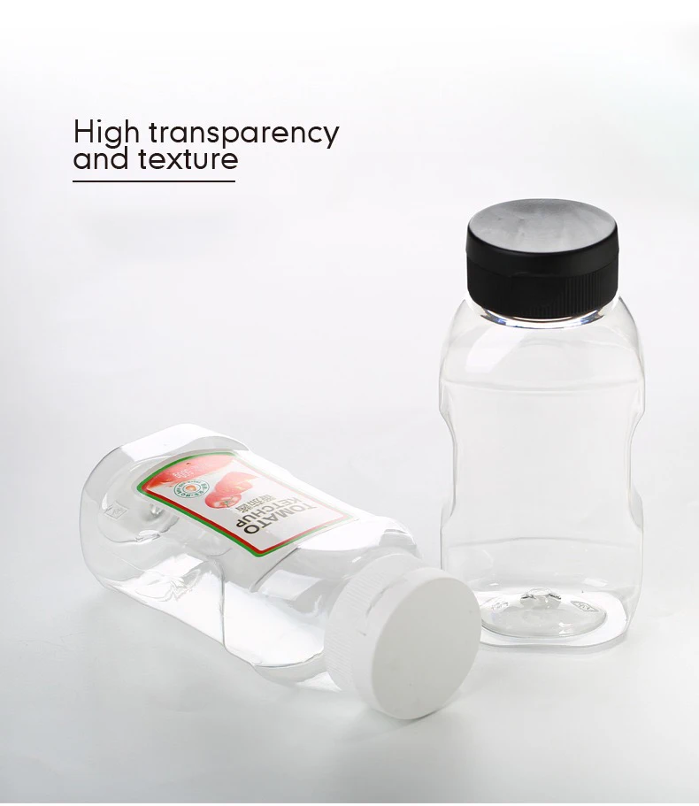 In stock 300ml 360ml food grade PET transparent flat ketchup tomato salad seasoning sauce honey squeeze plastic bottle