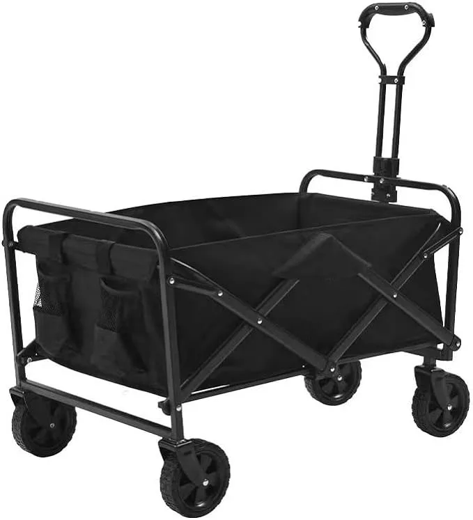 THCW10098 - Folding Collapsible Wagon Cart with Side Pockets Large Capacity for Beach, Camping & Outdoor, Black