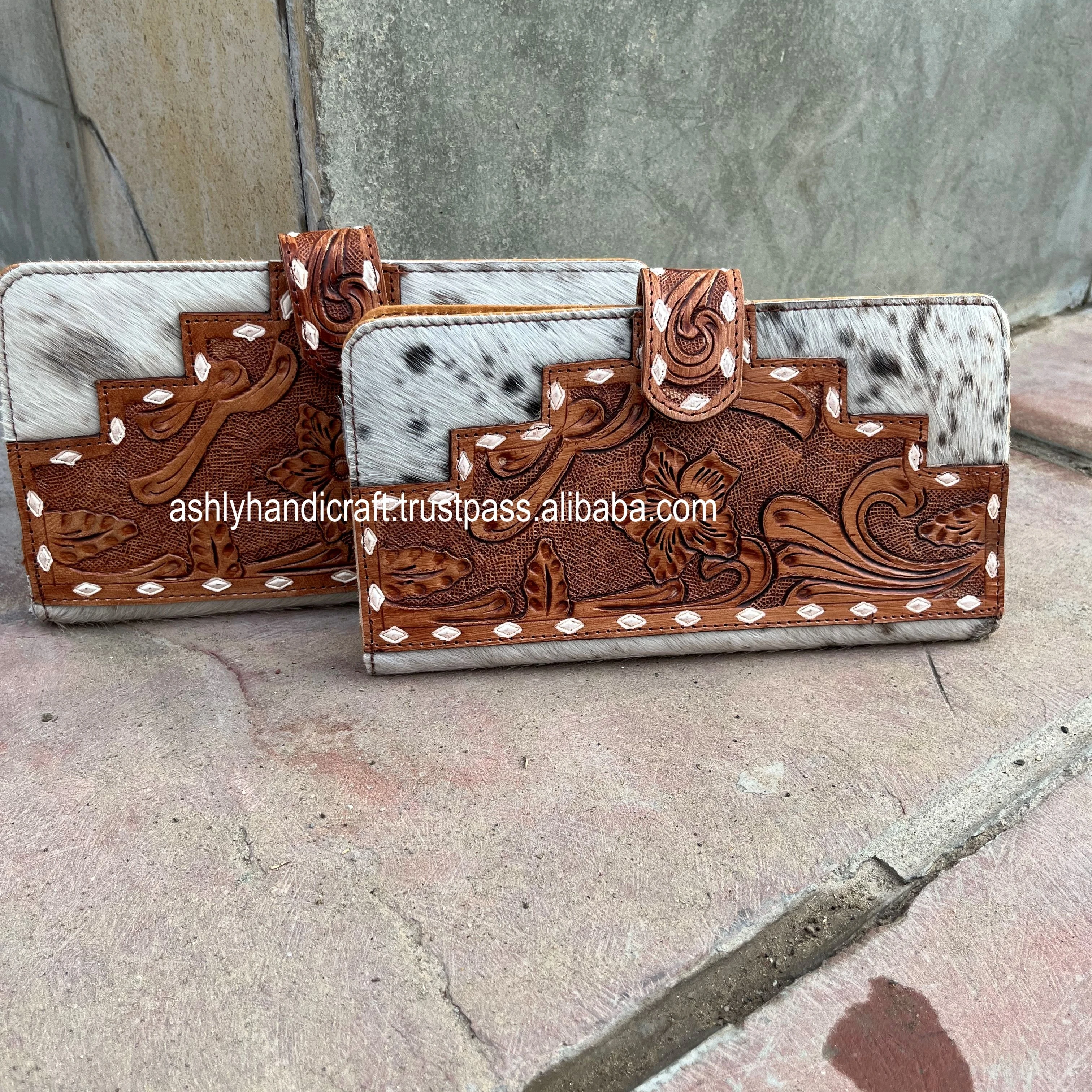 Tooled  Leather Bag Cowhide Fur Leather Hand Clutch Wallet Hair on  Leather Stylish women Hand clutch Western Design Handbag