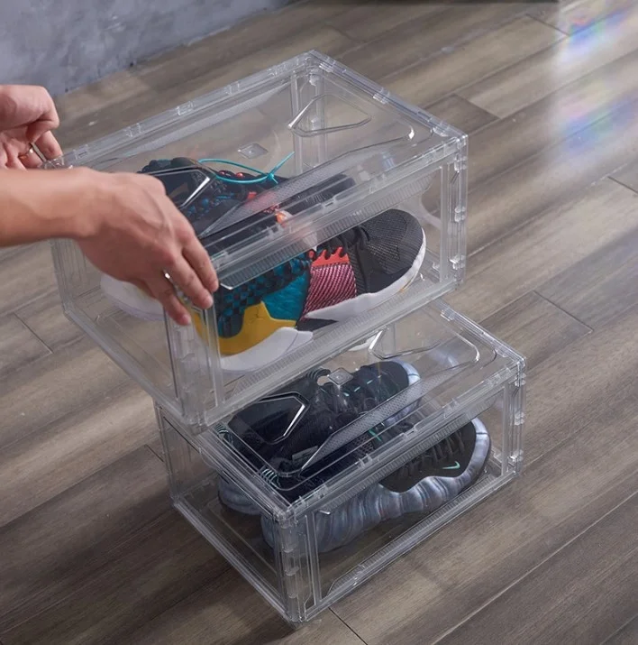 Transparent Plastic Sneaker Stackable Shoe Storage Boxes Front Drop Acrylic Drawer Type Magnetic Clear Shoe Box