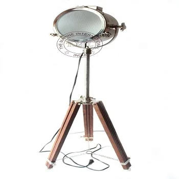 Authentic Look Floor Spotlight with Adjustable Tripod Stand ~ Nautical Chrome Searchlight with Tripod Wooden Stand