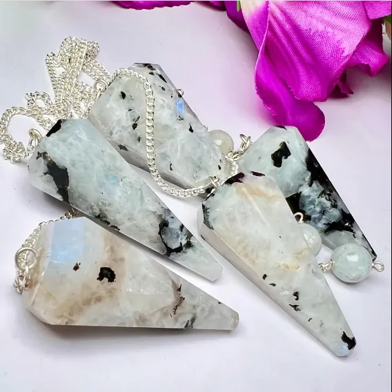 High Quality White Rainbow Moonstone Faceted Crystal Cone Pendulum Gemstone Dowsing Pendulum For Reiki Crystal Healing