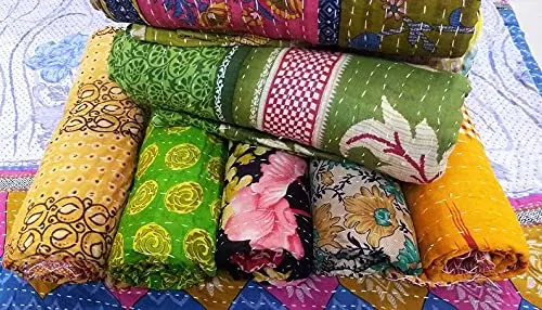 Multi color Kantha Quilt Plaids Reversible Throw Quilted Indian Handmade old vintage kantha quilt Bedspread Decorative Bengali