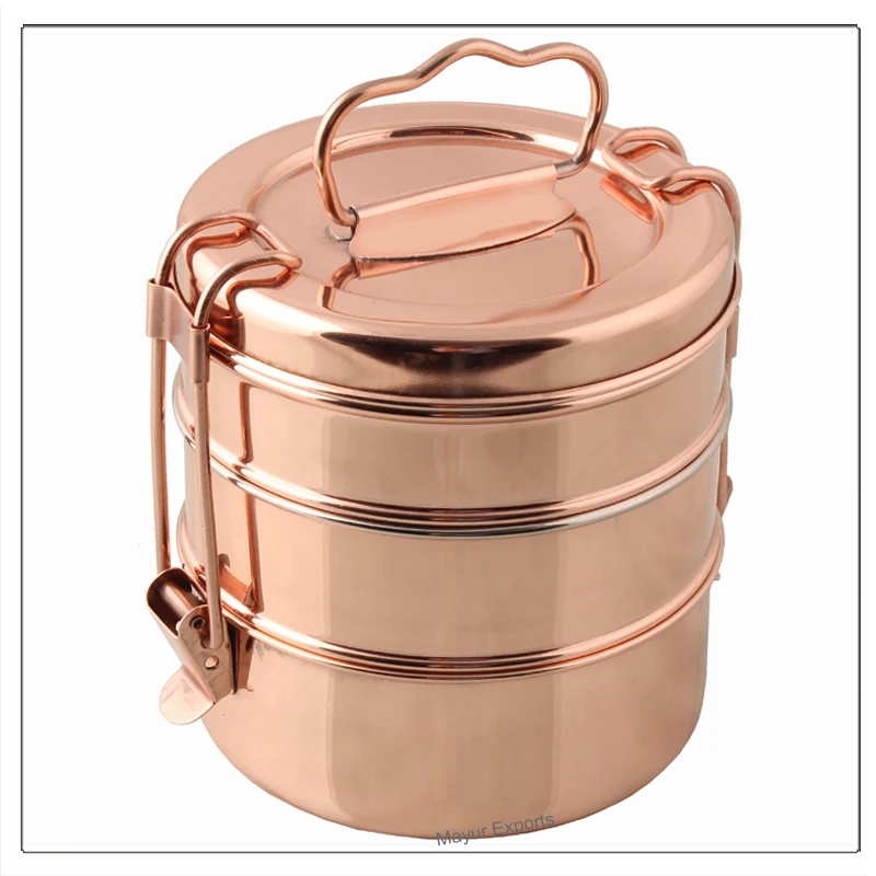 Stainless Steel Tiffin Metal 3 Layers Copper Plated Tiffin with locking clips