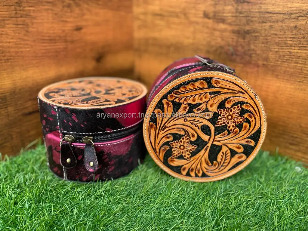 Premium Quality Tooled Leather Round Jewelry Case Western Pink Cowgirl Jewelry Box For Women Engraved Leather Travel Jewelry Box