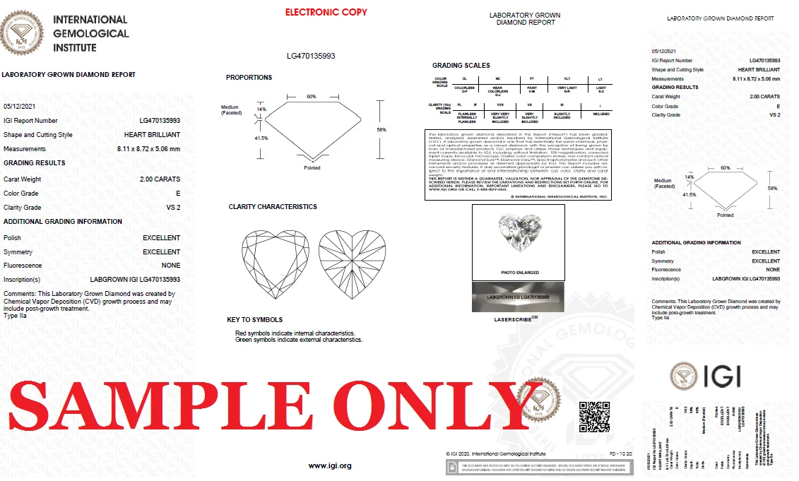 Lab Grown CVD  Heart Diamond 0.5 ct to 5.0 ct size Polished Color DEFG Clarity VVS  VS SI IGI Lab Created synthetic
