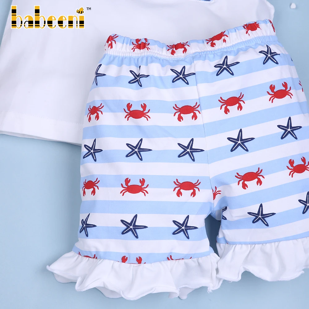 Smocked crab pattern and starfish girl short set ODM wholesale smocked children clothing - BB1893