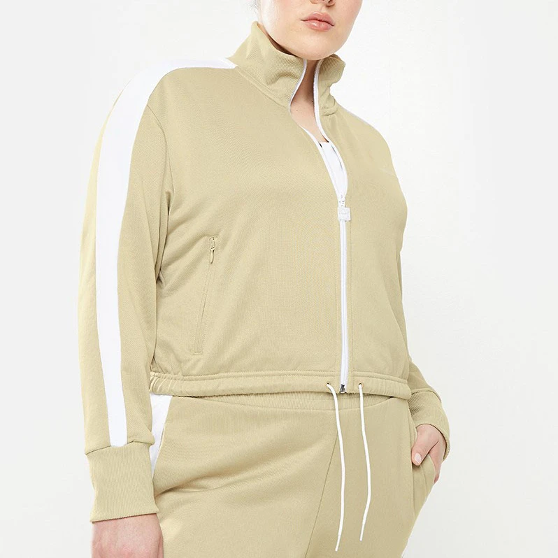 Wholesale Rates Bulk Quantity High Quality Women Plain Blank Plus Iconic Beige Crop Tracksuit With Custom OEM Logo Design Option