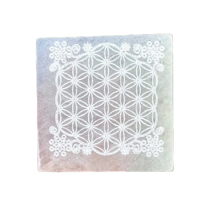 Whole Sale Selenite square carved Charging plate selenite Flower of Life Engraved Plate  Rock Crystal Selenite Slice For Healing