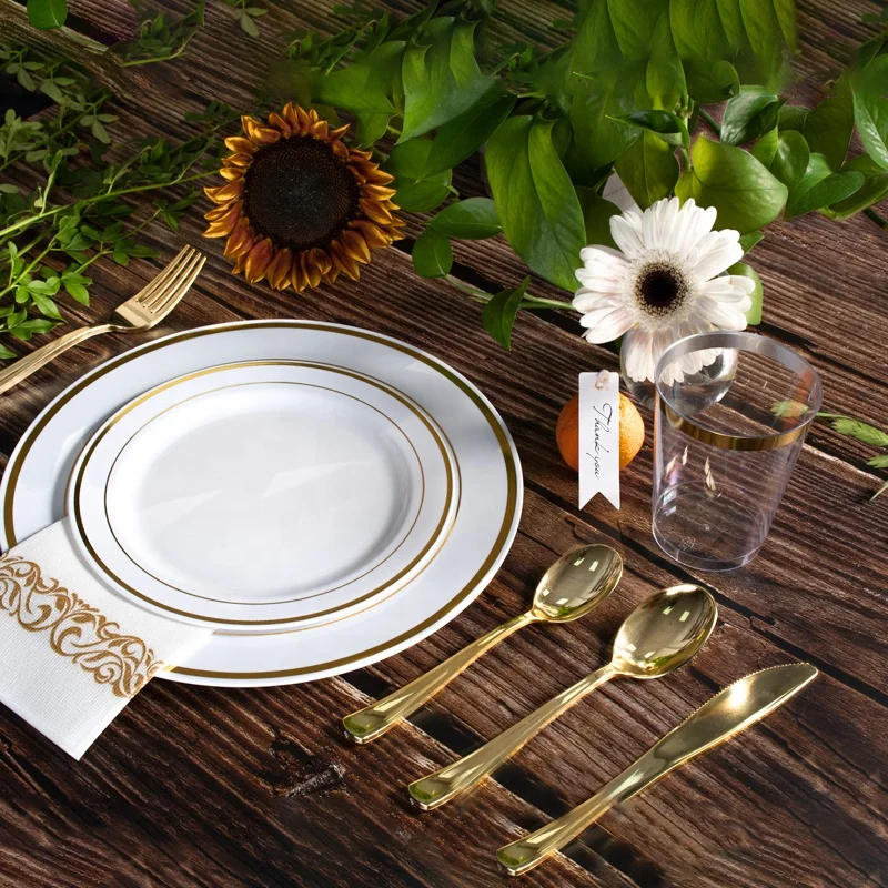 Round Plastic Dinner Plates Set Gold Rim Disposable Premium Heavy Duty Hard 10.25inch And 7.5inch Dishes Plates For Wedding Part