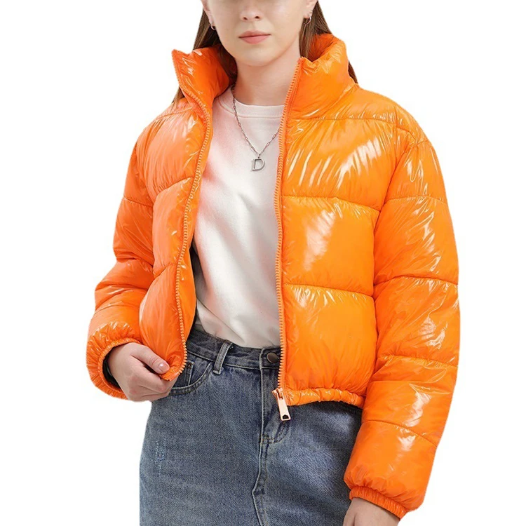 Wholesale Orange Womens Bomber Jacket Shiny Winter Short Bubble Jacket Custom Puffer Jacket for Women 2022
