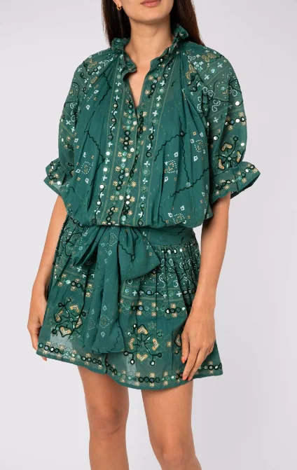 Perfect Party Women Bottle Green Mosaic Print Mirror Detail Embroidered Blouson Romantic Ladies Dress For Social Butterflies