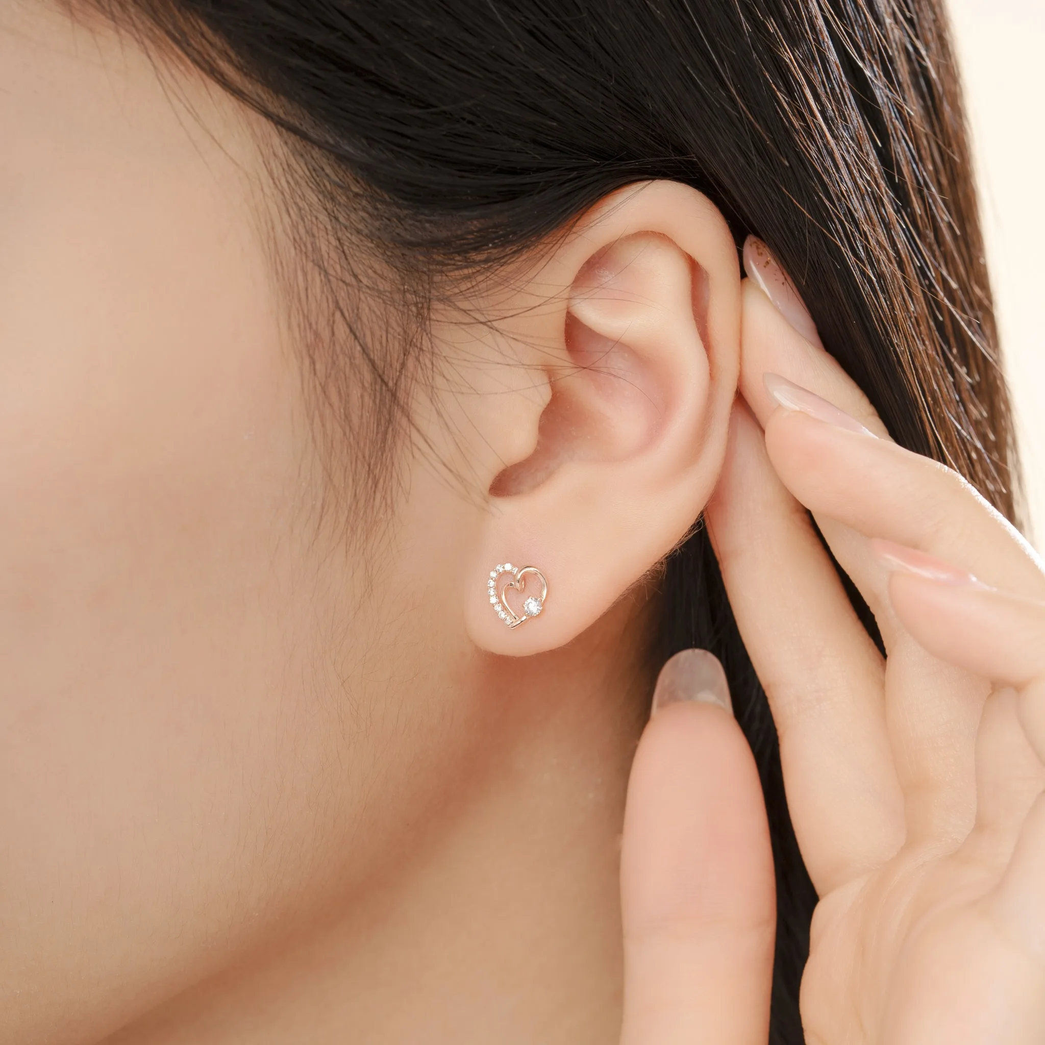 New Trendy Romantic 14K Real Gold Double Heart Stud Earrings with CZ Stone Fine Jewelry Earrings Gold Wholesale BTPTB324